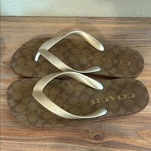 Coach Tan and Gold Flip Flops